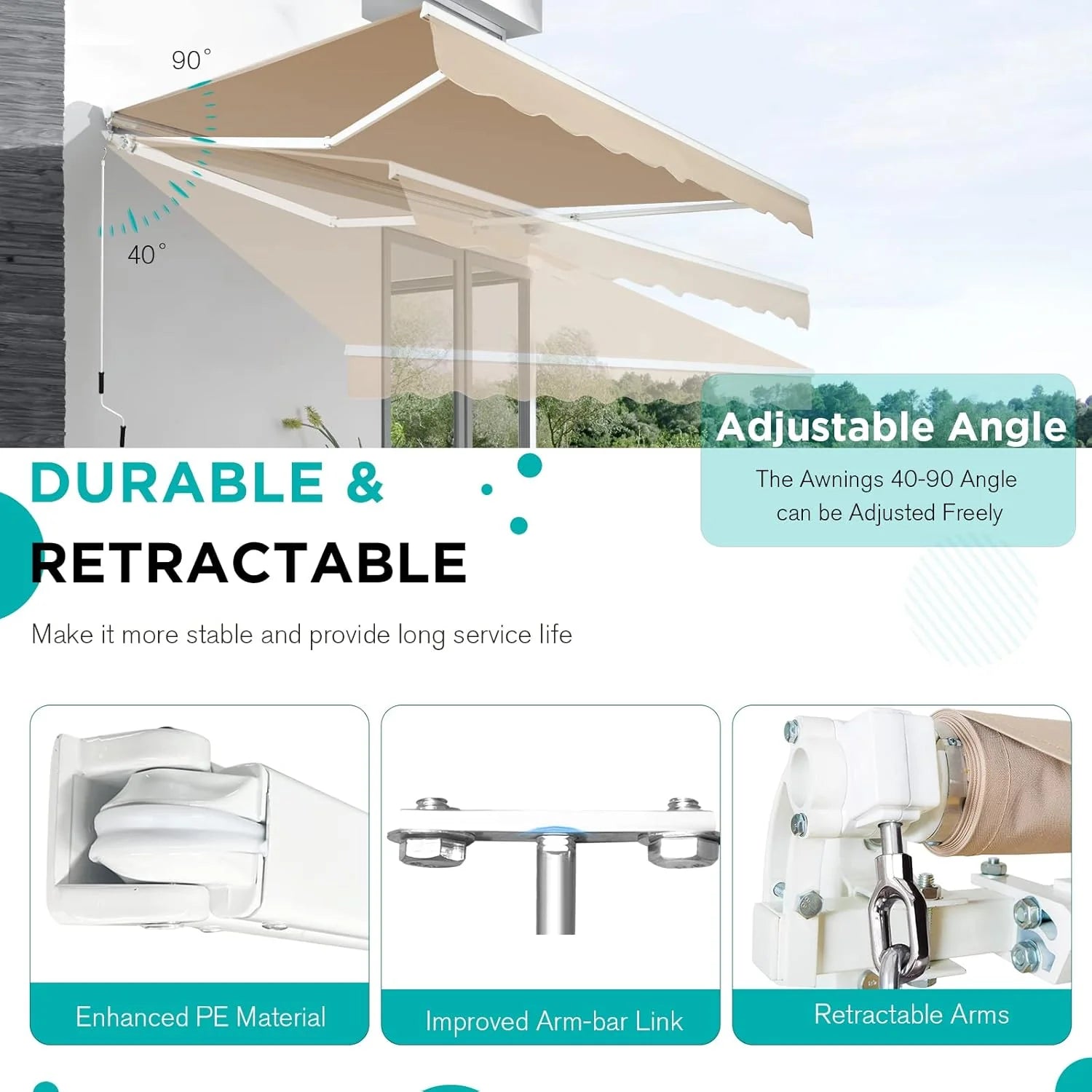 AECOJOY 13'×10' Manual Retractable Awning Sun Shade, Patio Awning Canopy